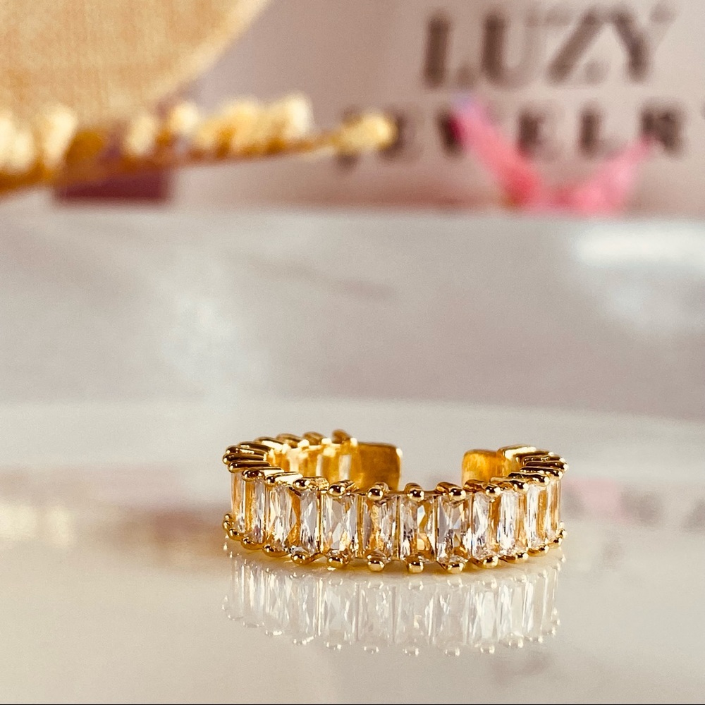 18K Iced Yellow Gold Diamond CZ Baguette Cut Open Ring Design - Picture 8 of 14